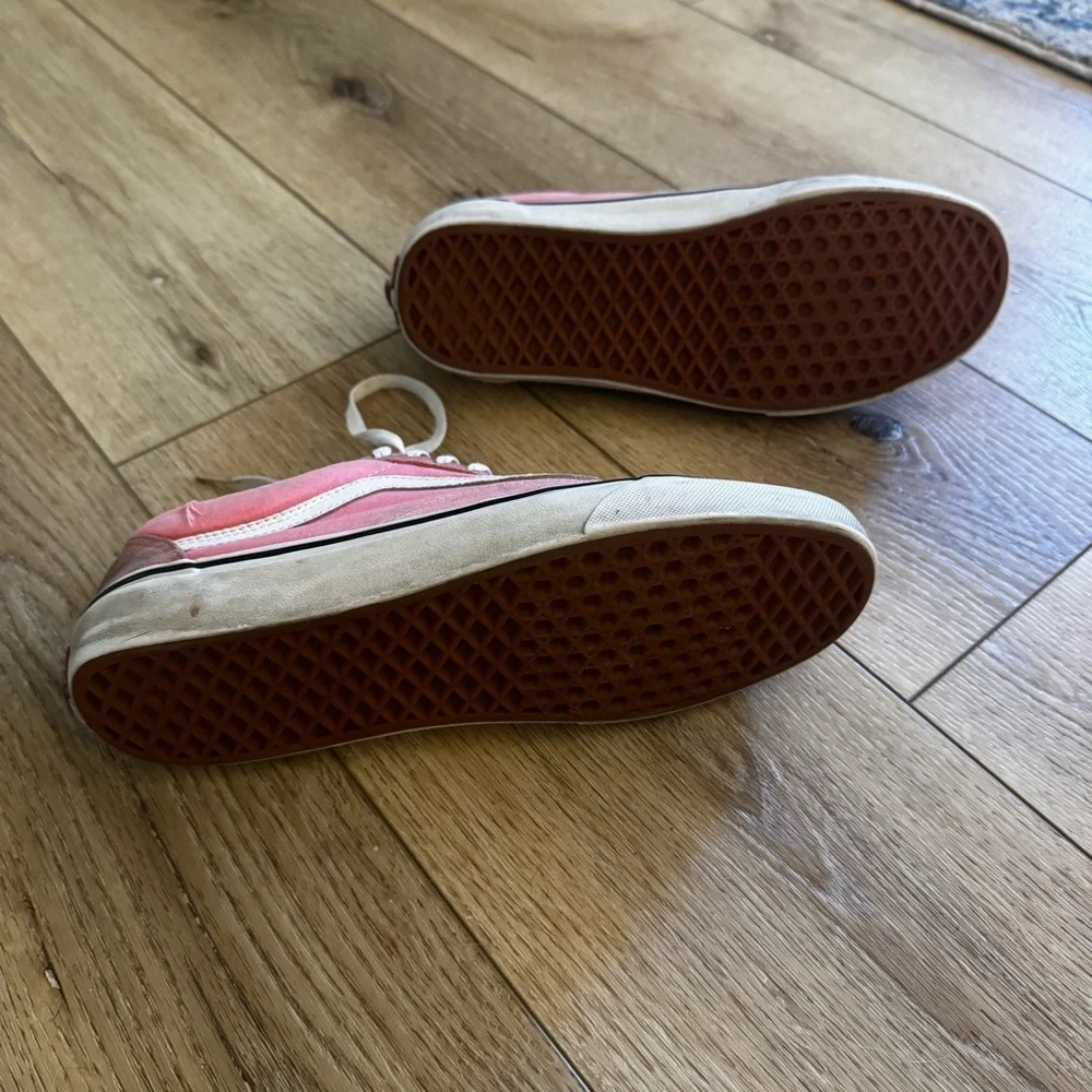 Pink and white Vans sneakers, lace up, suede tips, size 9.5 M or 11 W.